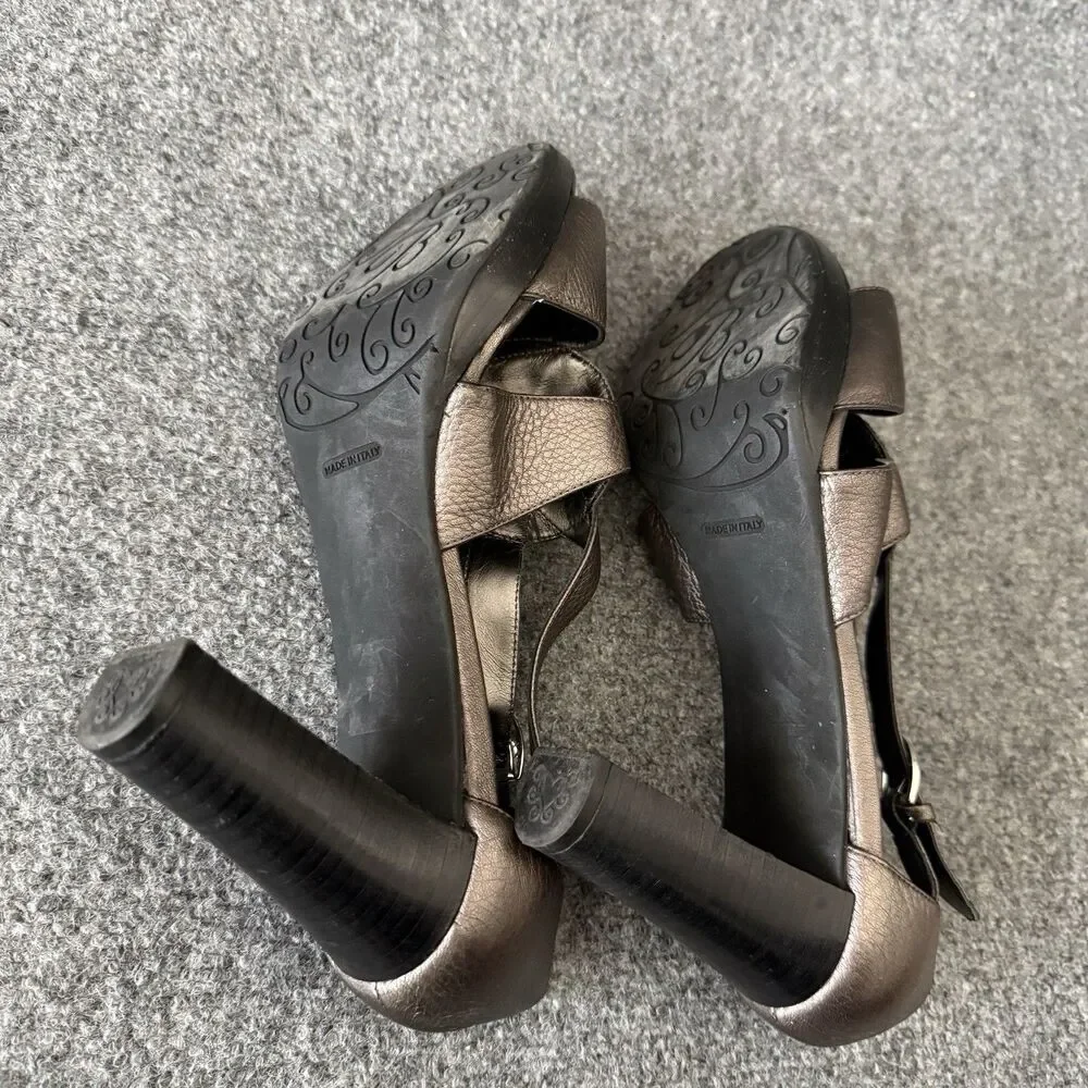 Brighton Viva Pewter Metallic Leather Jewel Strappy Sandals Dress Heels Size 9 M